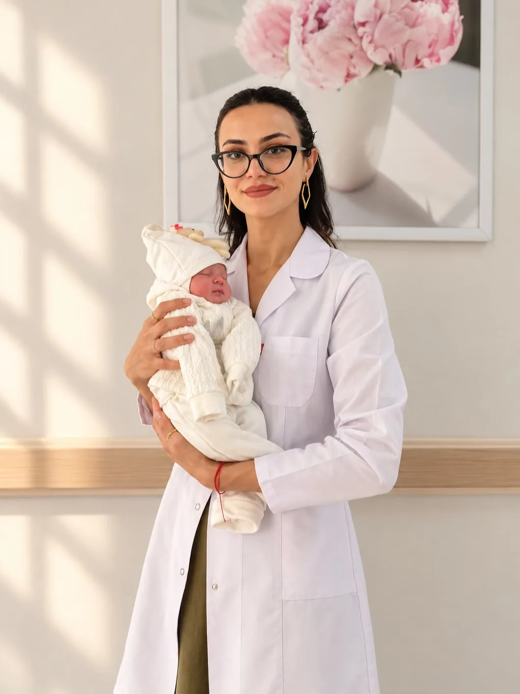 Dr. Günay Rzayeva ağ xalatda, yeni doğulmuş körpə ilə